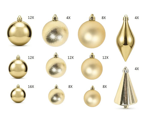 Goldener Weihnachtsbaumschmuck mit Kugeln, Tropfen und Zapfen in glänzenden, matten und strukturierten Oberflächen.