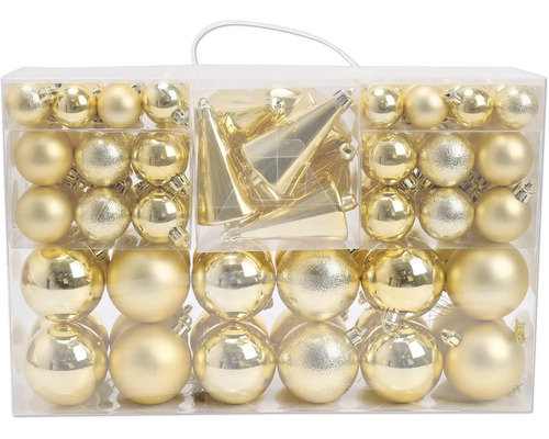 Set aus goldenen Weihnachtsbaumkugeln in verschiedenen Größen und Oberflächen sowie kegelförmigen Anhängern in einer transparenten Box.