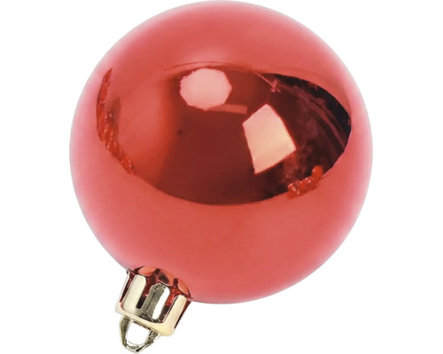 Glänzende rote Weihnachtskugel mit goldfarbener Aufhängung.