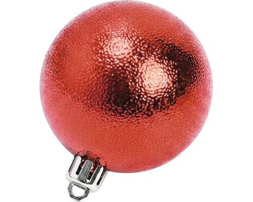 Rote Christbaumkugel mit strukturierter Oberfläche und Aufhänger.