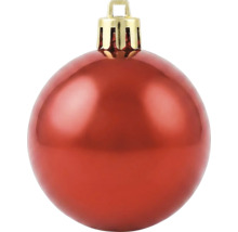 Weihnachtsbaumkugel aus Kunststoff, glänzend rot mit goldfarbenem Aufhänger.
