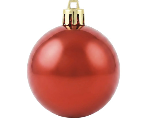 Weihnachtsbaumkugel aus Kunststoff, glänzend rot mit goldfarbenem Aufhänger.