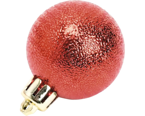 Rote Christbaumkugel mit strukturierter Oberfläche und goldfarbener Aufhängung.