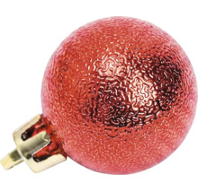 Rote Weihnachtskugel mit strukturierter Oberfläche und Aufhänger.