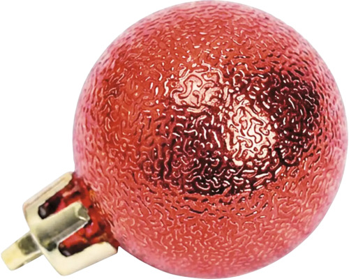 Rote Weihnachtskugel mit strukturierter Oberfläche und Aufhänger.