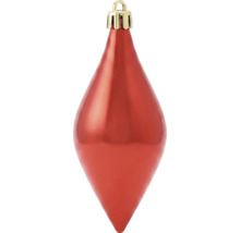 Christbaumschmuck in Tropfenform, glänzend rot, mit goldfarbenem Hütchen und Aufhängeöse.
