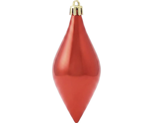 Christbaumschmuck in Tropfenform, glänzend rot, mit goldfarbenem Hütchen und Aufhängeöse.