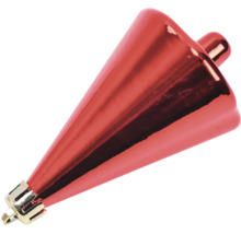 Roter, kegelförmiger Weihnachtsbaumschmuck mit einer glänzenden Oberfläche.