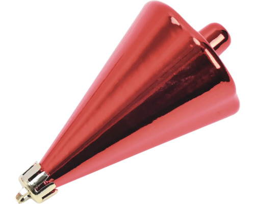 Roter, kegelförmiger Weihnachtsbaumschmuck mit einer glänzenden Oberfläche.
