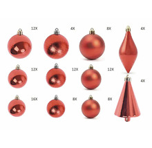 Rote Weihnachtsanhänger im Set mit Christbaumkugeln in verschiedenen Größen und Optiken sowie Anhängern in Tropfen- und Zapfenform.
