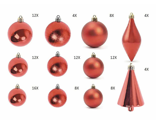 Rote Weihnachtsanhänger im Set mit Christbaumkugeln in verschiedenen Größen und Optiken sowie Anhängern in Tropfen- und Zapfenform.