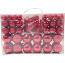 Set aus roten Weihnachtskugeln und Anhängern in einer transparenten Kunststoffbox. Enthält glänzende, matte und glitzernde Kugeln.
