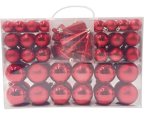 Set aus roten Weihnachtskugeln und Anhängern in einer transparenten Kunststoffbox. Enthält glänzende, matte und glitzernde Kugeln.