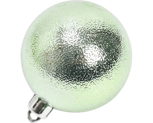 Hellgrüne Weihnachtskugel mit strukturierter Oberfläche und Aufhängung.