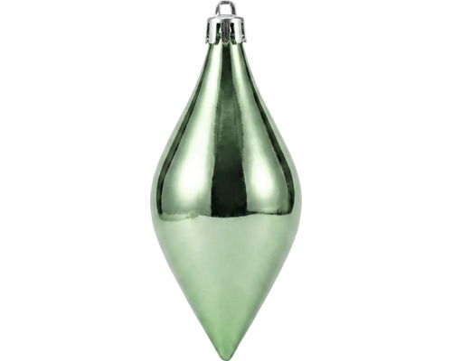 Christbaumschmuck in Tropfenform, glänzend grün, mit silberner Kappe.