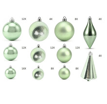 Grünes Weihnachtsbaumschmuck-Set mit Kugeln, Zapfen und baumförmigen Anhängern in glänzender, matter und strukturierter Optik.