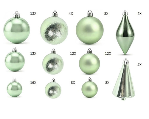 Grünes Weihnachtsbaumschmuck-Set mit Kugeln, Zapfen und baumförmigen Anhängern in glänzender, matter und strukturierter Optik.