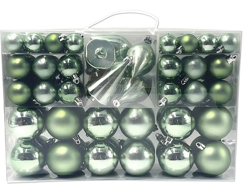 Set aus grünen Christbaumkugeln und Zapfen in verschiedenen Größen und Oberflächen in einer transparenten Kunststoffbox.