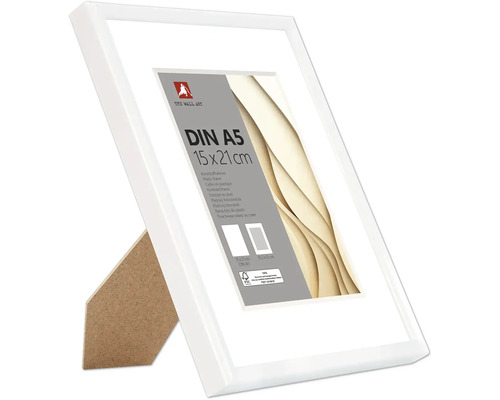 Kunststoffbilderrahmen DIN A5, 15 mal 21 Zentimeter, weiß, inklusive Aufsteller.