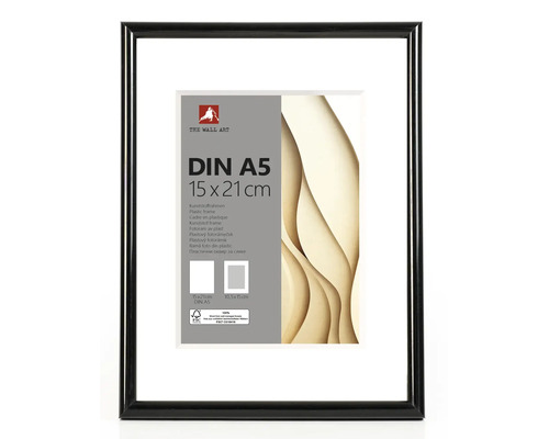 Schwarzer Kunststoffrahmen für Bilder im Format 15 mal 21 Zentimeter, DIN A5, inklusive weißem Passepartout.