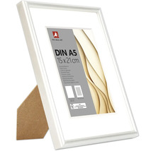 Kunststoff Bilderrahmen Format A5 15 mal 21 Zentimeter mit Passepartout und Aufsteller.