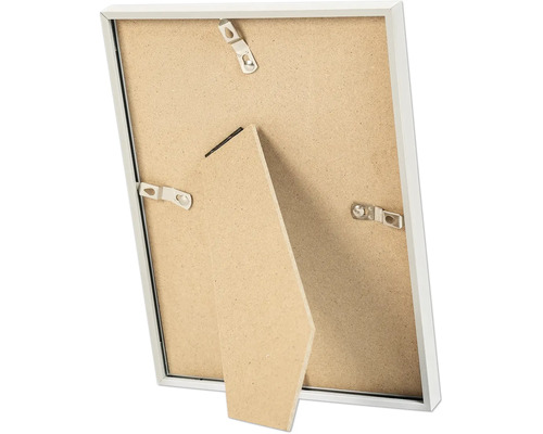 Rückansicht eines Bilderrahmens mit integriertem Aufsteller und Metallklammern zur Befestigung der Rückwand.