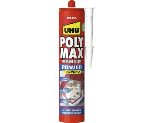 UHU Poly Max Power Express Montagekleber in einer Kartusche mit separater Dosierdüse zum Kleben, Montieren und Dichten für alle Materialien.