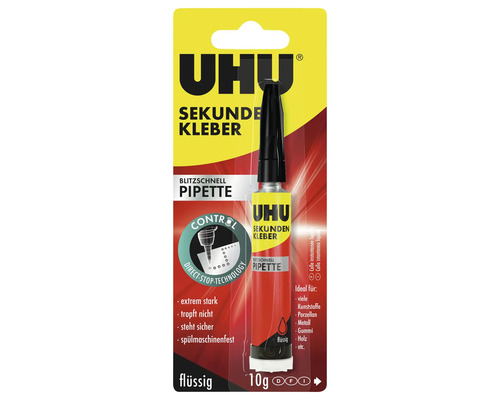 UHU Sekundenkleber blitzschnell Pipette, flüssig, 10 Gramm, für Kunststoff, Porzellan, Metall, Gummi, Holz.