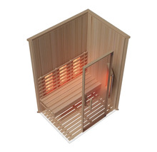 Infrarotkabine aus hellem Holz mit Glastür, einer Sitzbank und Infrarotstrahlern an der Rückwand und an der Seite.
