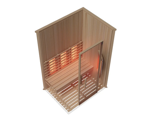 Infrarotkabine aus hellem Holz mit Glastür, einer Sitzbank und Infrarotstrahlern an der Rückwand und an der Seite.