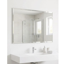 Rechteckiger Wandspiegel mit Facettenschliff über einem modernen weißen Waschbecken in einem hellen Badezimmer.