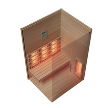 Infrarotkabine aus hellem Holz mit Infrarotstrahlern, einer Sitzbank und digitaler Steuerung für den Wellnessbereich.