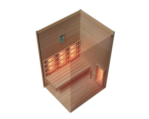 Infrarotkabine aus hellem Holz mit Infrarotstrahlern, einer Sitzbank und digitaler Steuerung für den Wellnessbereich.