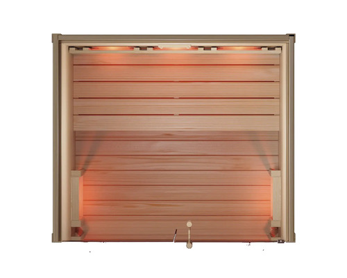 Innenansicht einer Infrarotkabine aus hellem Holz mit Infrarotstrahlern und horizontalen Wandpaneelen.