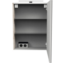 Offener Spiegelschrank mit LED-Beleuchtung, zwei Glaseinlegeböden und einer Doppelsteckdose im Innenraum.