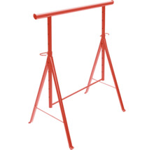 Roter höhenverstellbarer Arbeitsbock aus Metall mit klappbarem Gestell.