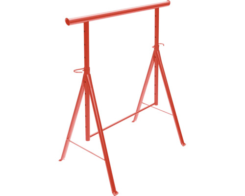 Roter höhenverstellbarer Arbeitsbock aus Metall mit klappbarem Gestell.