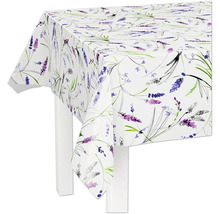 Weiße rechteckige Tischdecke mit violettem Lavendel-Muster.