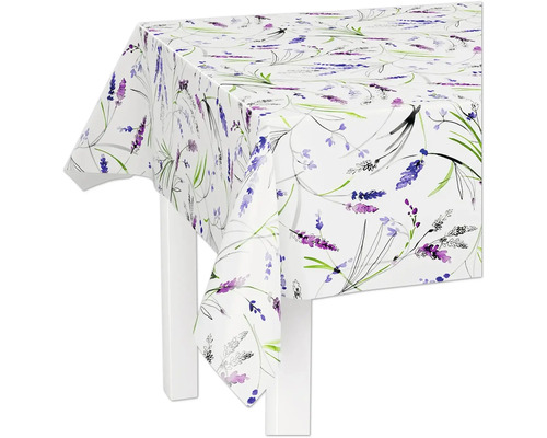 Weiße rechteckige Tischdecke mit violettem Lavendel-Muster.