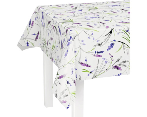 Wachstuchtischdecke mit Lavendel-Muster auf weißem Grund.