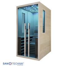 Sanotechnik Infrarotkabine aus Holz mit Glastür, ergonomischer Liege, LED-Sternenhimmel und Sanotechnik International Logo.