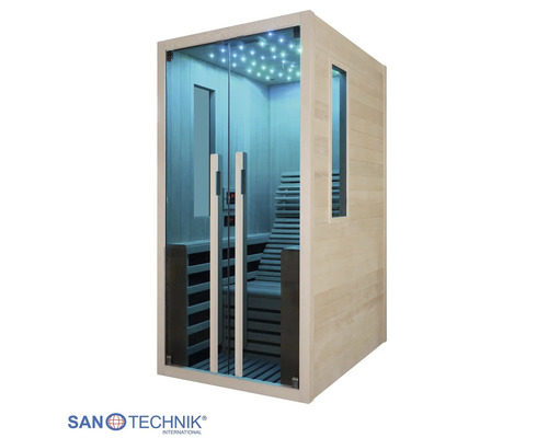 Sanotechnik Infrarotkabine aus Holz mit Glastür, ergonomischer Liege, LED-Sternenhimmel und Sanotechnik International Logo.