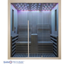 Infrarotkabine für zwei Personen mit Holzlamellen, Glasfront und Sternenhimmel-Beleuchtung an der Decke. Sanotechnik International Logo.