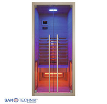 Infrarotkabine von Sanotechnik mit Glasfront, Sitzbank und integrierter Beleuchtung.