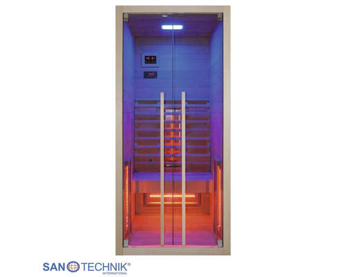 Infrarotkabine von Sanotechnik mit Glasfront, Sitzbank und integrierter Beleuchtung.