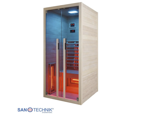 Sanotechnik Infrarotkabine aus Holz mit Glasfront, Türgriffen, Sitzbank, Heizelementen und digitaler Steuerung. Sanotechnik Logo.
