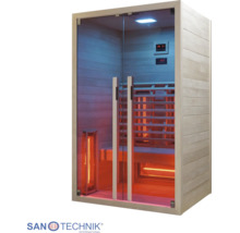Infrarotkabine mit Glasfront, Holzausstattung, Sitzbank und Infrarotstrahlern. Sanotechnik Logo.