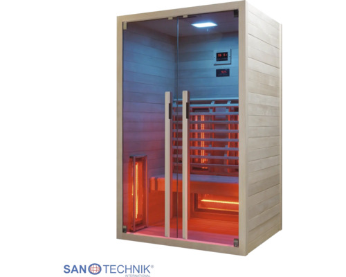 Infrarotkabine mit Glasfront, Holzausstattung, Sitzbank und Infrarotstrahlern. Sanotechnik Logo.