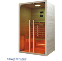 Infrarotkabine von Sanotechnik mit Glasfront, Holzsitzbank, Infrarotstrahlern und digitalem Bedienfeld.