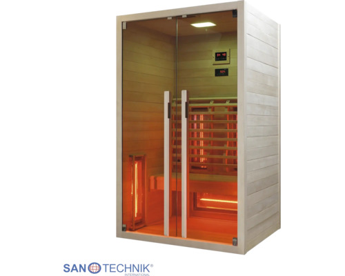 Infrarotkabine von Sanotechnik mit Glasfront, Holzsitzbank, Infrarotstrahlern und digitalem Bedienfeld.